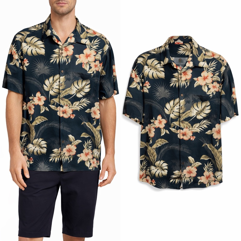 Caribbean Mens 2XT Silk Blend Floral Hawaiian Button Down Shirt‎  Tropical